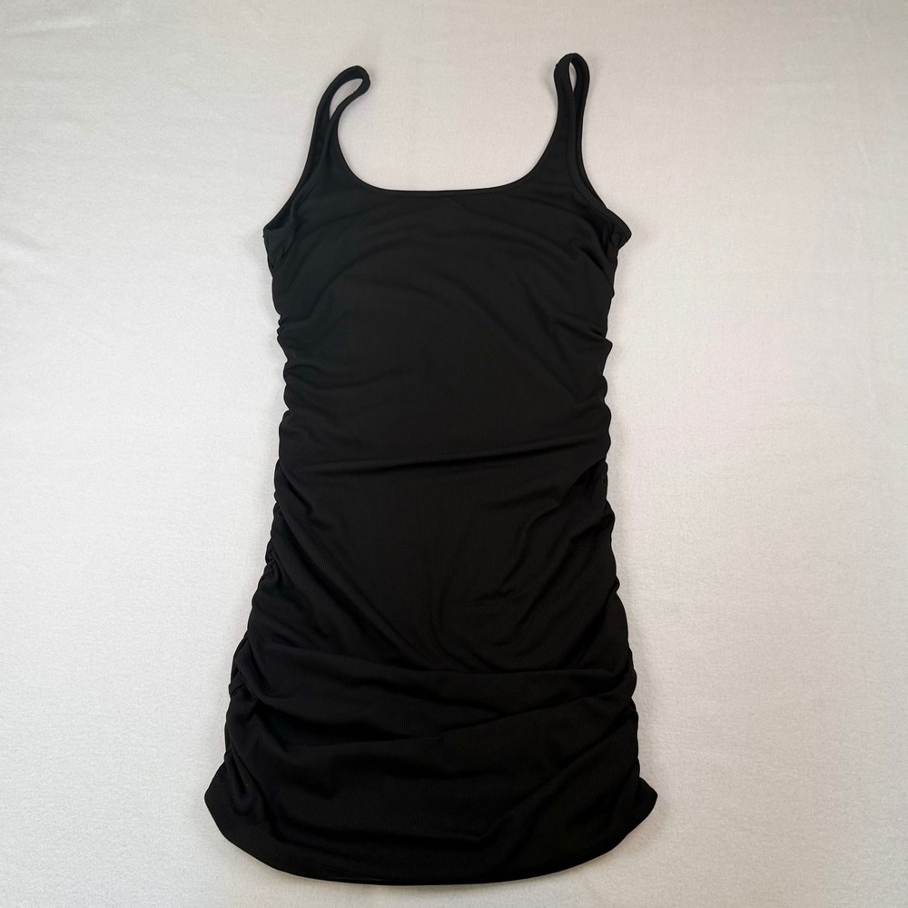 Black Ribbed Ruched Bodycon Mini Dress Sleeveless Scoop Neck RP1030 Large
